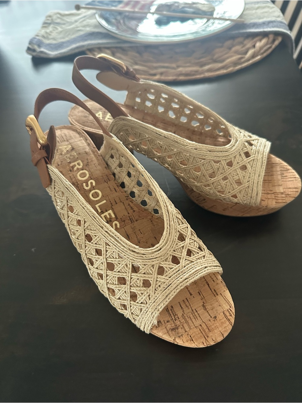 AEROSOLES Cream Crochet Slingback Wedge Sandals